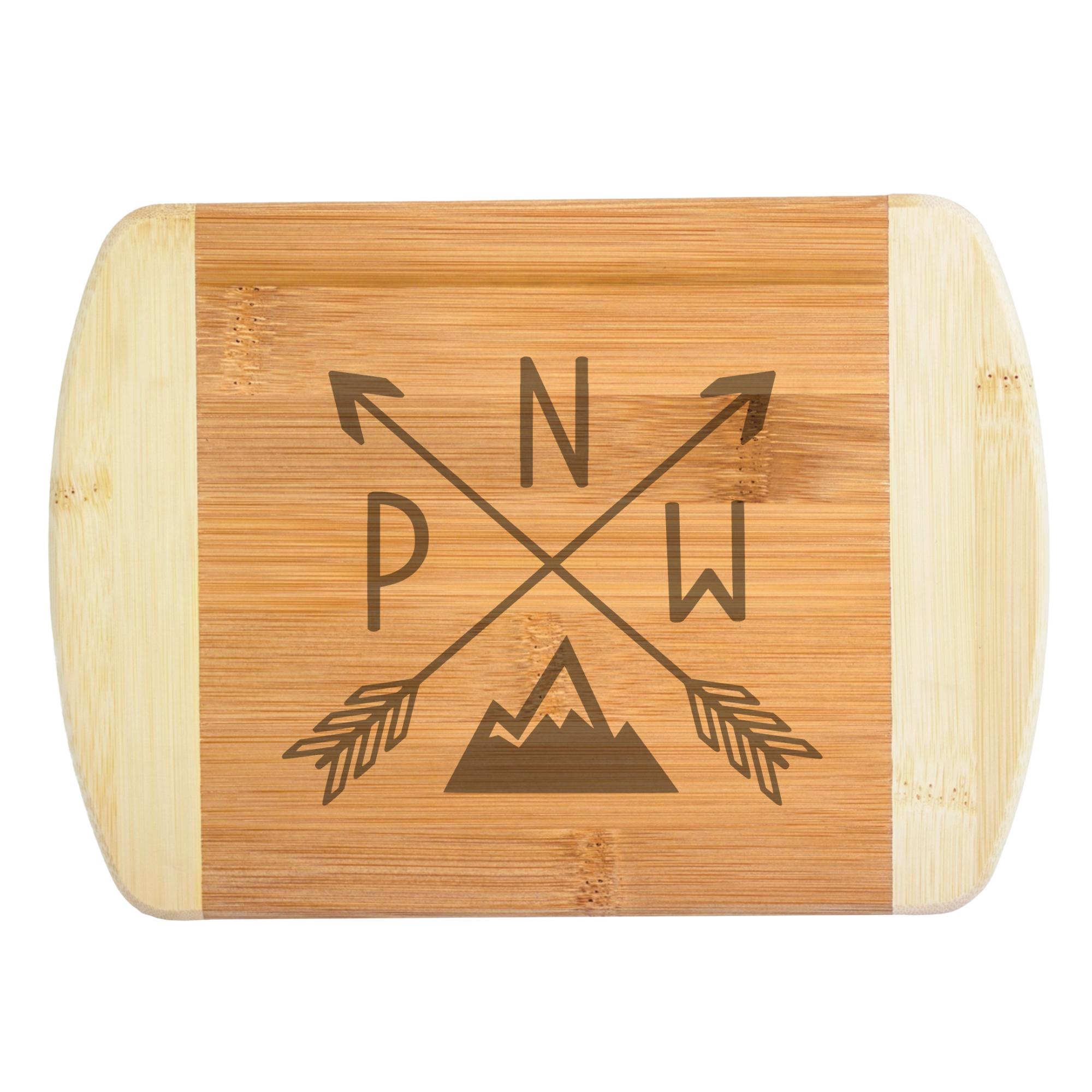 A premium engraved bamboo cutting board featuring a trendy modern illustration of crossed arrows with the letters PNW and a clean mountain peak silhouette, handcrafted by The Blended Oasis in Washington State.