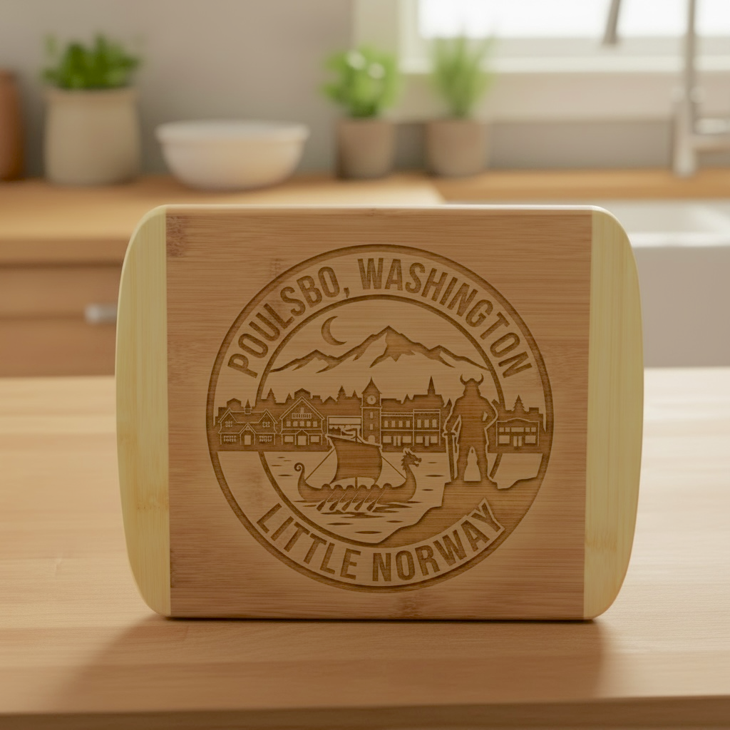 A premium engraved bamboo cutting board featuring the "Little Norway" Poulsbo emblem by The Blended Oasis, standing vertically on a bright kitchen island countertop.