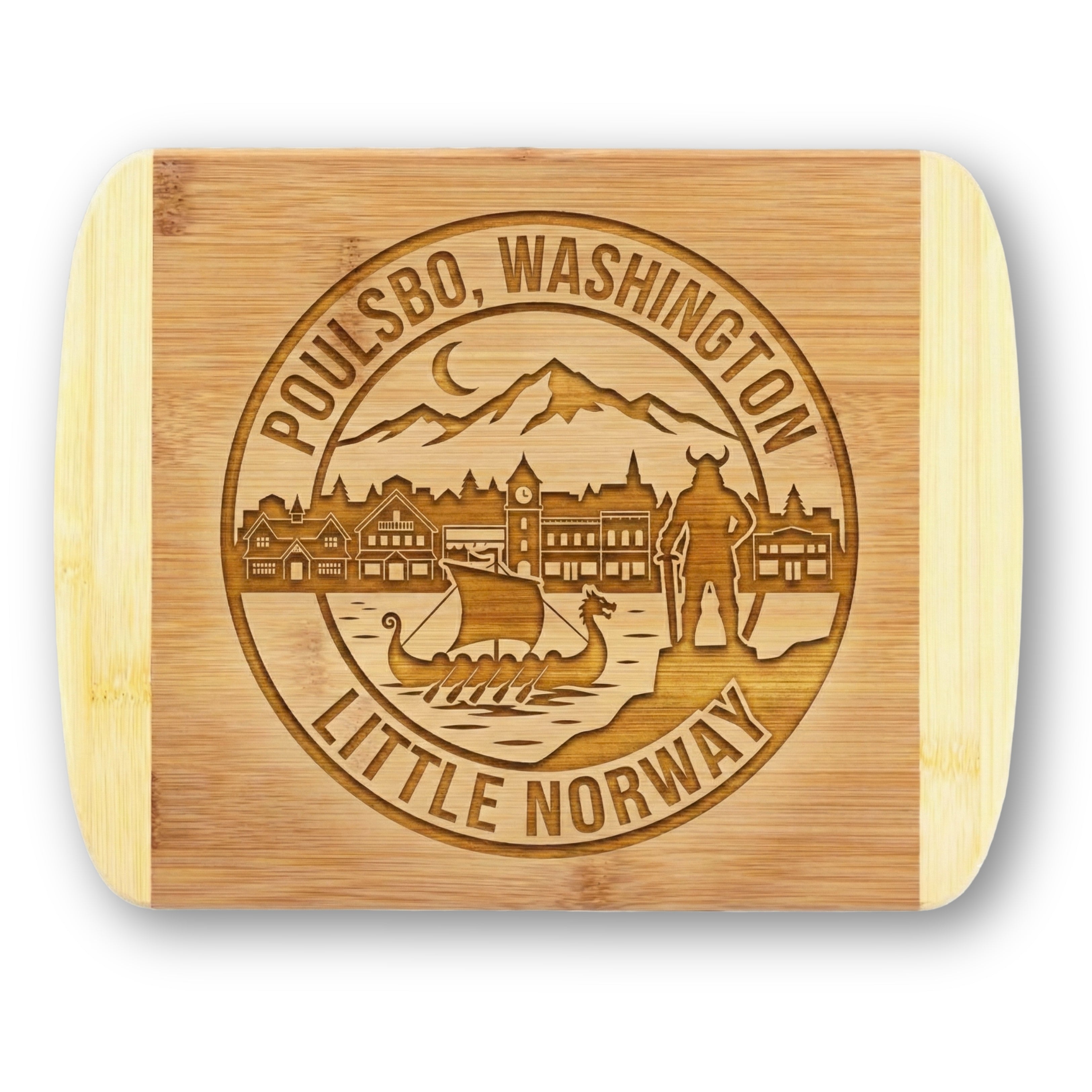 A premium engraved bamboo cutting board featuring the "Little Norway" emblem showcasing the Poulsbo, Washington waterfront skyline, a Viking longship, and the Olympic Mountains, handcrafted by The Blended Oasis.