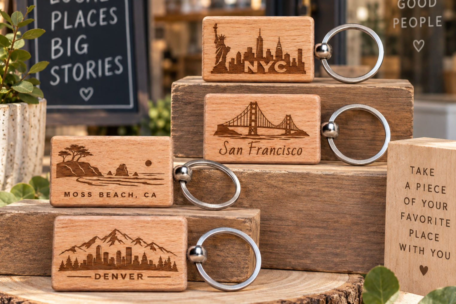 A set of personalized wooden keychains engraved with city and place names, displayed on rustic wooden blocks and a tree stump in an outdoor storefront setting. Perfect for custom souvenirs made with local icons, monuments, gift shops. Made for wholesale retail products shops. Large retail corporations, small business, boutique, store front, appreciation gifts, company, holiday gifts, bulk thank you