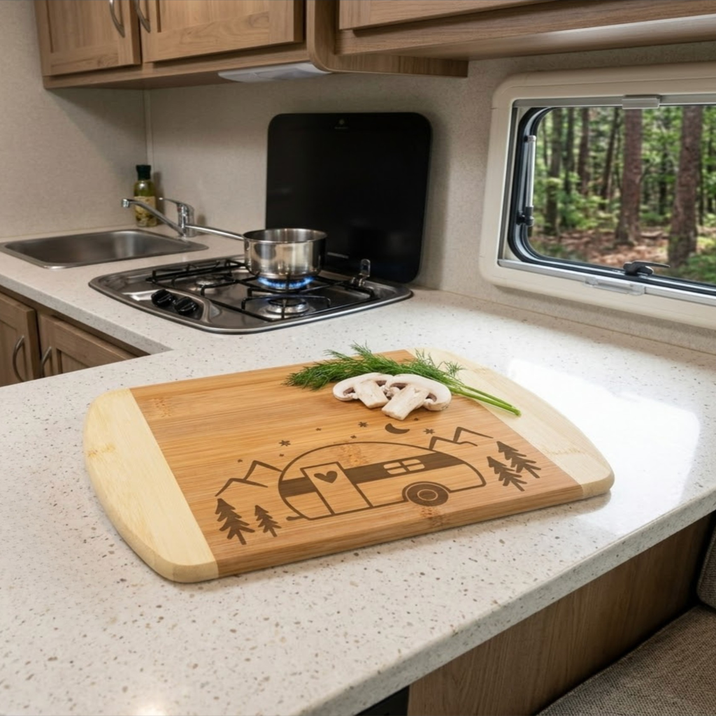 Wooden cutting board with camping design on a kitchen counter with stove and window view. Two-tone bamboo cutting board laser-engraved with a retro camper, mountains, and trees, displayed on a light countertop inside a compact RV kitchen by The Blended Oasis.