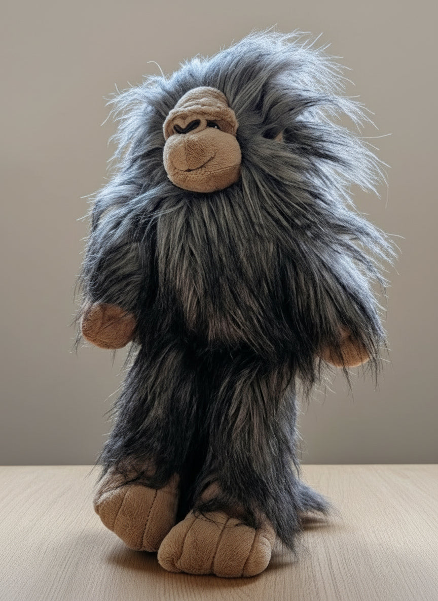 Plush monkey toy with gray fur and brown hands and feet on a neutral background