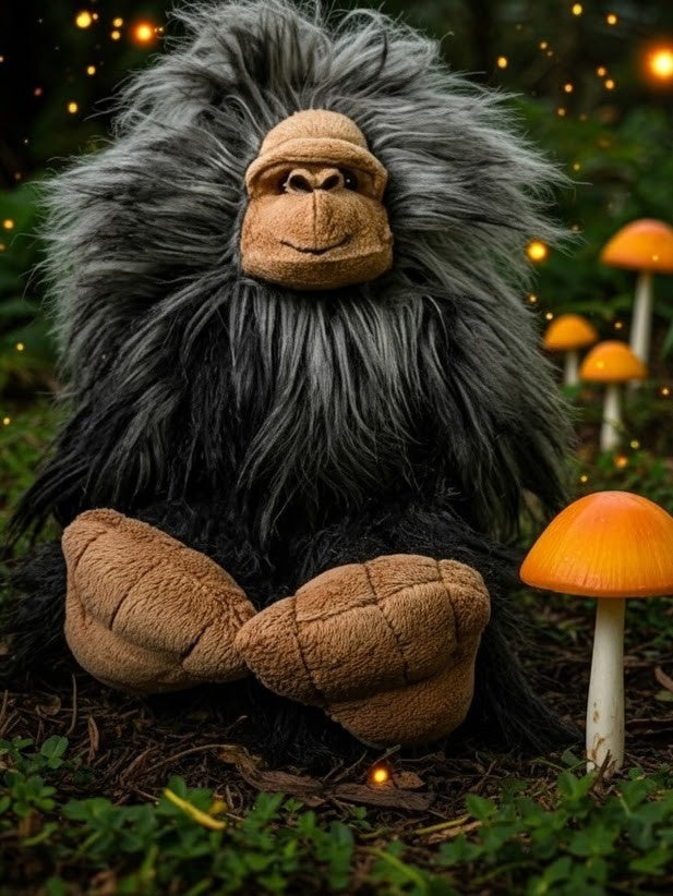 Plush monkey toy sitting among mushrooms in a forest setting