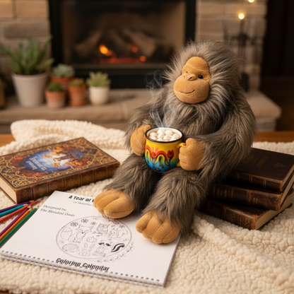 Plush monkey holding a mug with a coloring book and pencils on a cozy blanket in front of a fireplace.