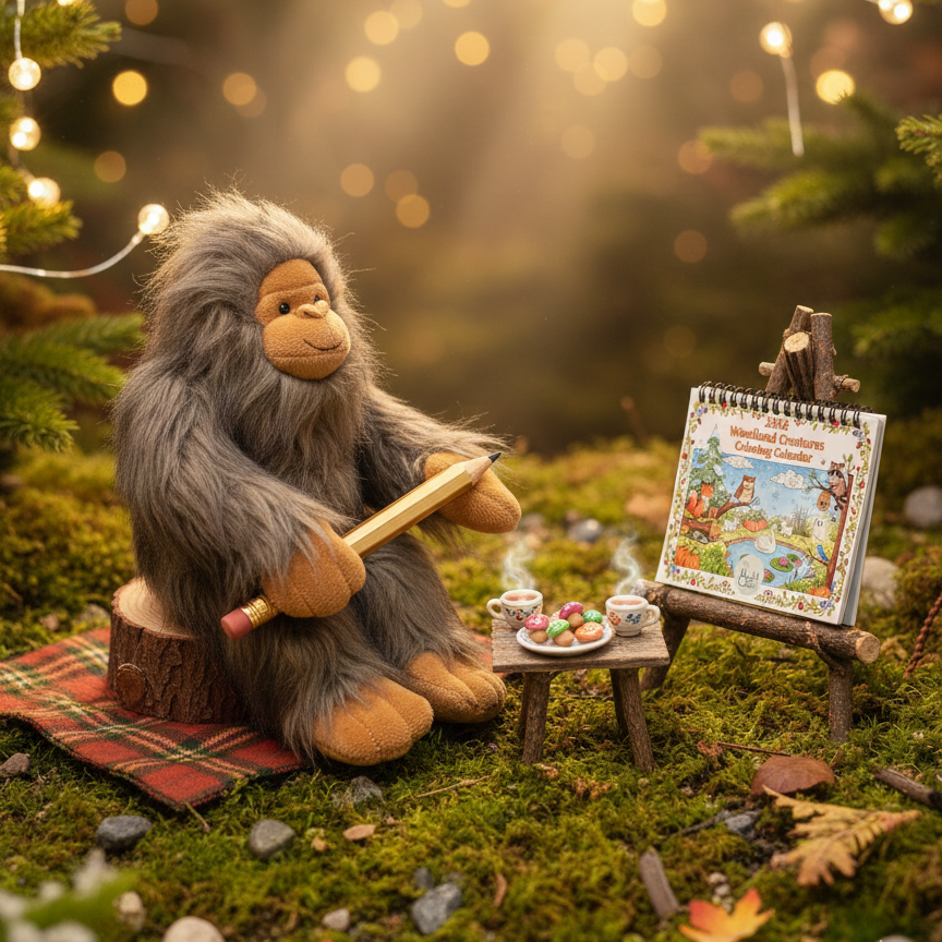 Stuffed animal sitting on a log in a forest setting with a table and calendar.