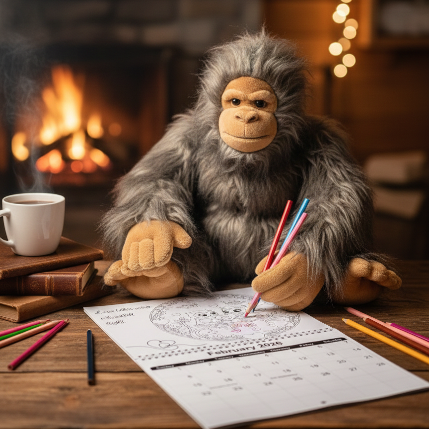 Stuffed sasquatch coloring a picture on a wooden table with a cozy fireplace in the background