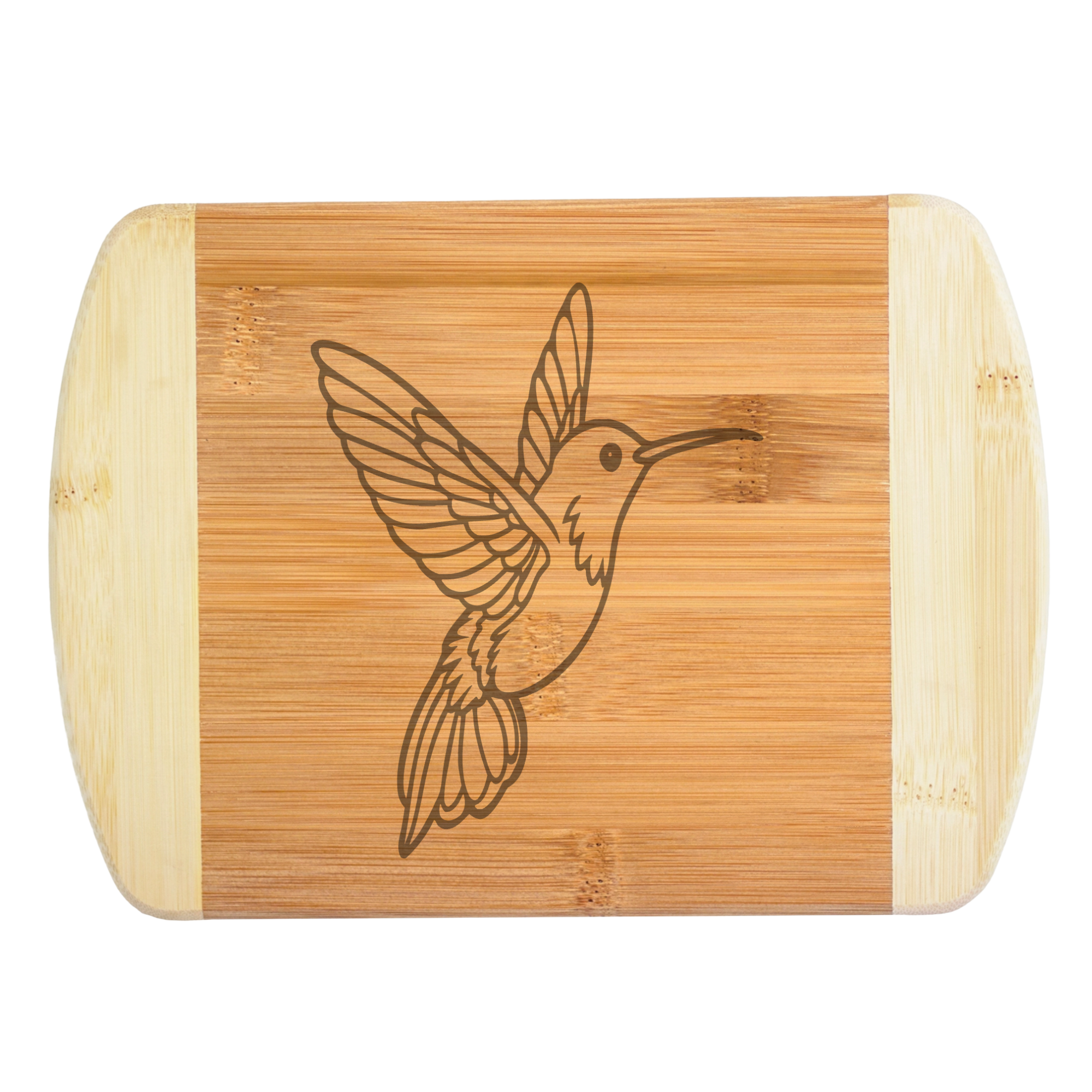 A premium engraved bamboo cutting board featuring a detailed design of a soaring hummingbird with outstretched wings, handcrafted by The Blended Oasis in Washington State.