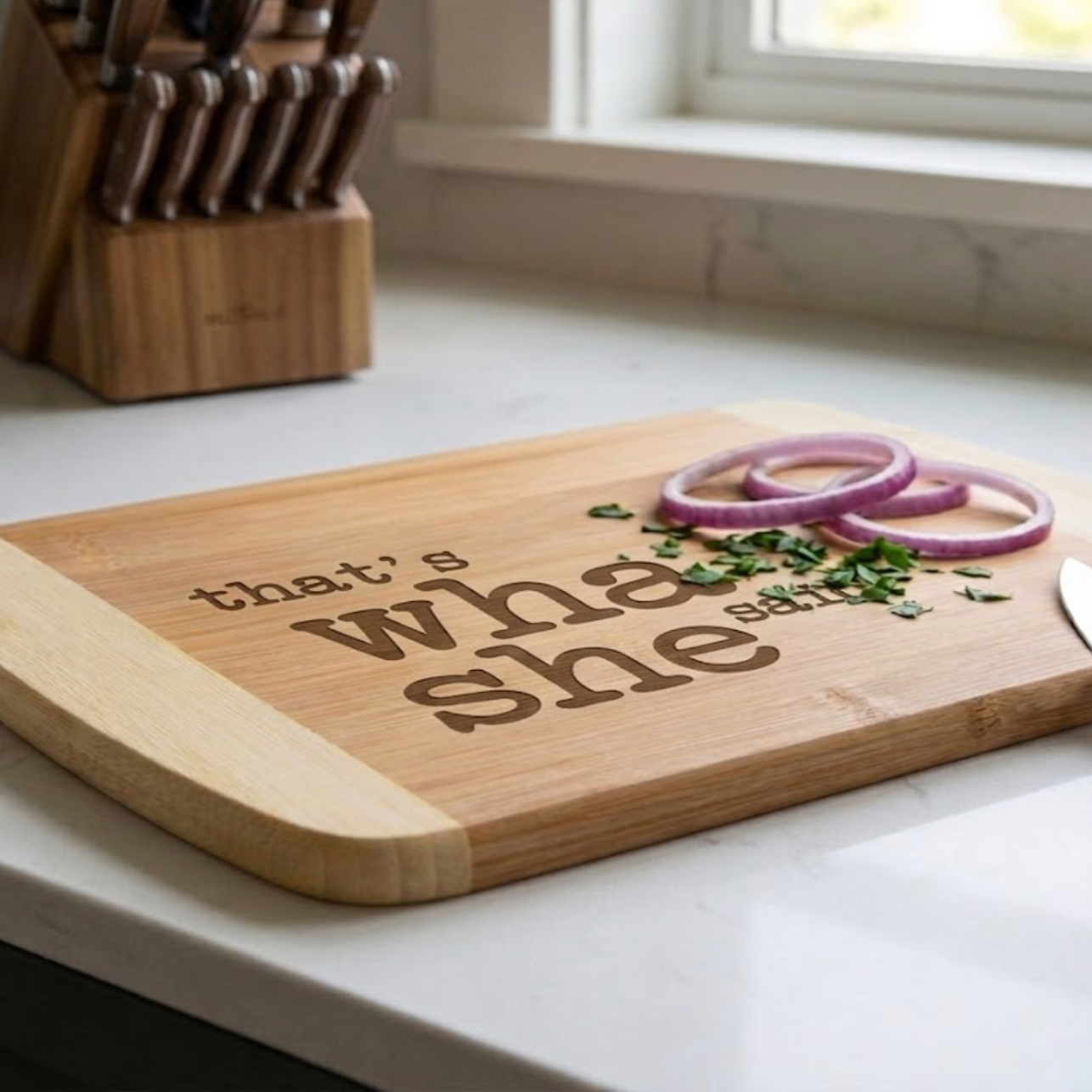 "That's What She Said" Funny Laser-Engraved Bamboo Cutting Board - The Blended Oasis