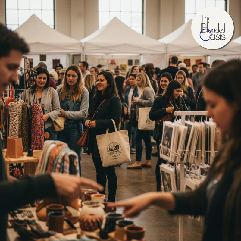 A bustling indoor artisan market with shoppers browsing various stalls, featuring a smiling woman with a tote bag, representing the vibrant event atmosphere