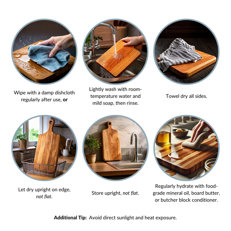 A step-by-step visual care guide for maintaining handcrafted bamboo cutting boards and wooden serving platters. The infographic shows instructions for cleaning with a damp dishcloth, washing with mild soap, towel drying, drying upright on an edge, storing upright, and regularly hydrating with food-grade mineral oil, board butter, or butcher block conditioner to prevent warping.