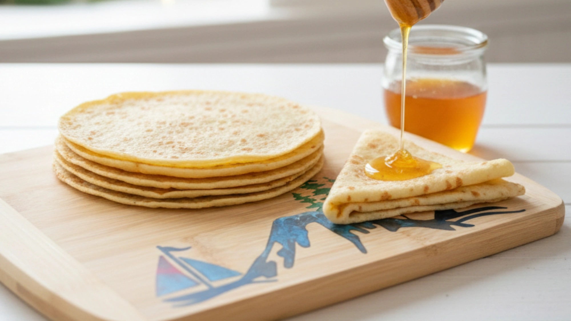 A close-up of a bamboo cutting board from The Blended Oasis, featuring a subtle mountain and boat design, holding a stack of crepes. Honey is being drizzled onto a folded crepe with a honey dipper, next to a jar of honey. A soft, festive background with blurry lights creates a cozy, inviting kitchen scene.