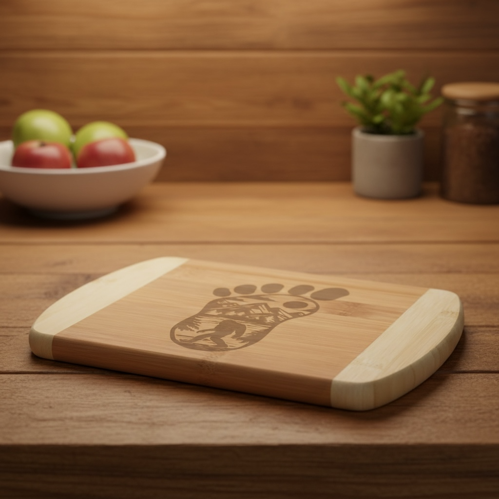 A bamboo cutting board by The Blended Oasis featuring a clever laser engraving of a large Bigfoot footprint, with a detailed silhouette of Sasquatch walking through a forest etched inside it. Shown on a warm, dark wood counter next to a bowl of apples.