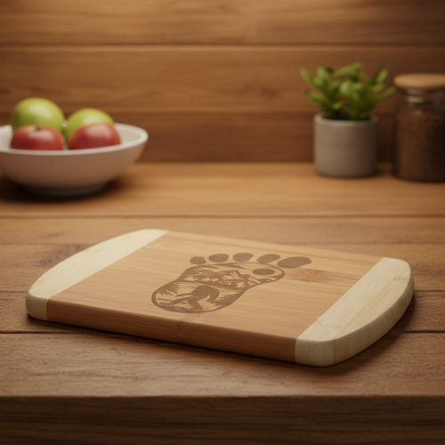 A bamboo cutting board by The Blended Oasis featuring a clever laser engraving of a large Bigfoot footprint, with a detailed silhouette of Sasquatch walking through a forest etched inside it. Shown on a warm, dark wood counter next to a bowl of apples.