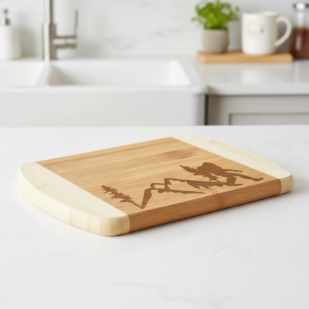 A custom bamboo cutting board from The Blended Oasis featuring a laser engraving of a mountain horizon line, a pine tree, and a silhouette of Bigfoot trekking through the landscape. The board sits on a bright marble counter next to a white farmhouse sink.