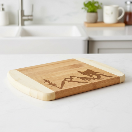 A custom bamboo cutting board from The Blended Oasis featuring a laser engraving of a mountain horizon line, a pine tree, and a silhouette of Bigfoot trekking through the landscape. The board sits on a bright marble counter next to a white farmhouse sink.