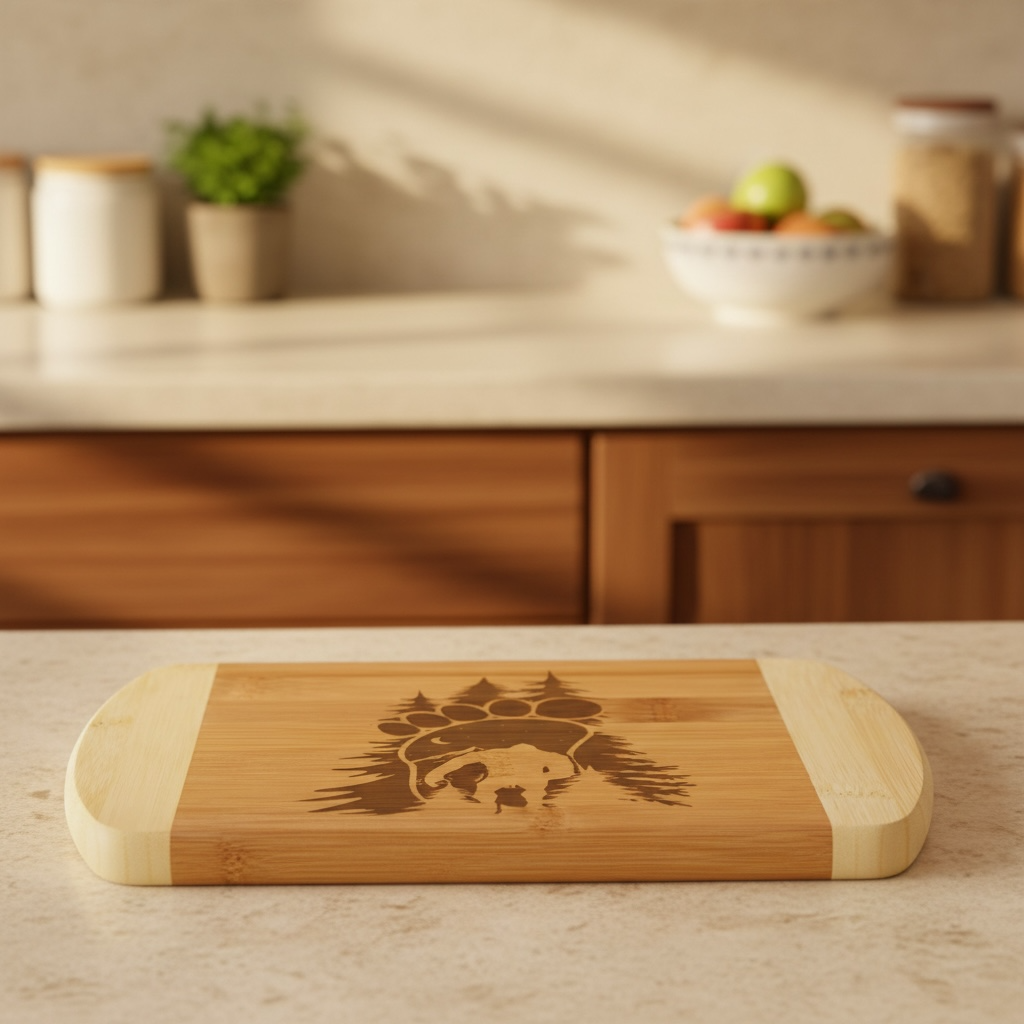 An artisanal charcuterie board from The Blended Oasis showcasing an engraved bigfoot sasquatch silhouette filled with a pine forest and a mountain landscape. The board rests on a light granite countertop with a soft kitchen background.
