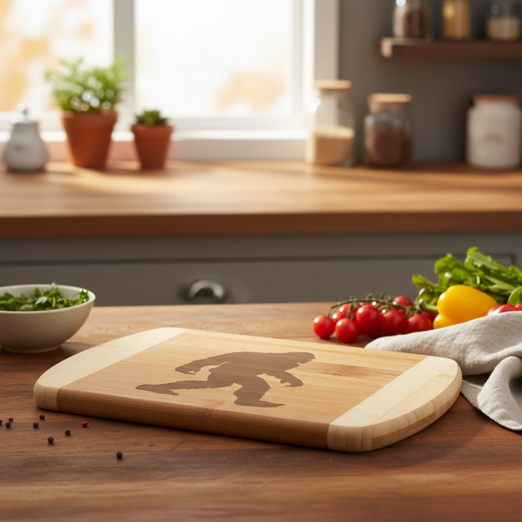An artisanal charcuterie board by The Blended Oasis showcasing the classic, iconic walking silhouette of Bigfoot laser-etched into the bamboo surface. Displayed on a dark wood table alongside fresh bell peppers, cherry tomatoes, and a small bowl of greens.