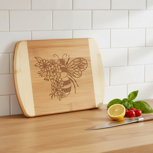 A custom bamboo cutting board with light wood end caps by The Blended Oasis, featuring a laser-engraved bee and delicate flower outline. Displayed on a kitchen counter next to a chef's knife, fresh basil, and a sliced lemon.