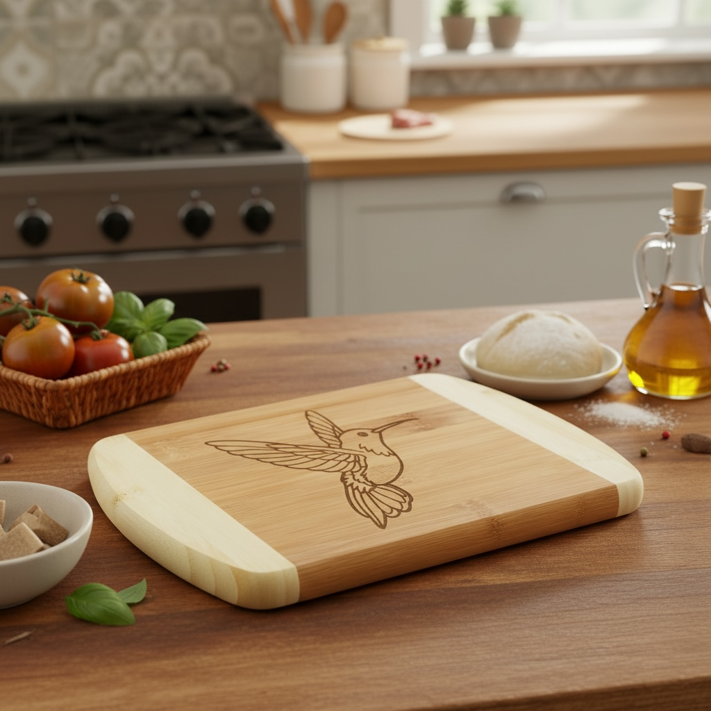 A premium laser-engraved cutting board by The Blended Oasis, featuring a hummingbird in flight. Shown on a kitchen island with a warm, inviting background, perfect as a custom real estate closing gift.