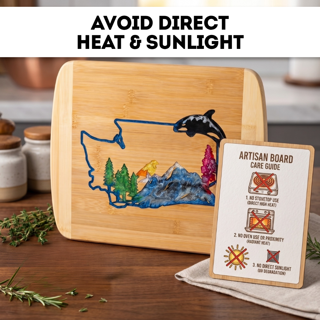 An infographic displaying a handcrafted bamboo serving board with a detailed Washington State epoxy resin inlay design. Large text overhead reads "Avoid Direct Heat & Sunlight." A companion artisan board care guide card outlines three critical maintenance rules: no stovetop use due to direct high heat, no oven use or proximity to radiant heat, and no direct sunlight to prevent UV degradation of the wood and resin.