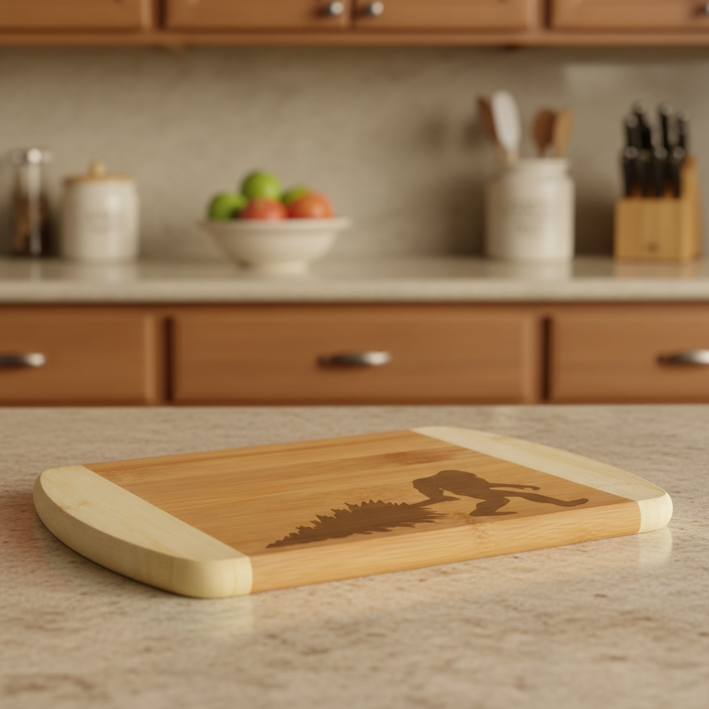 A playful Pacific Northwest themed charcuterie board from The Blended Oasis, featuring a laser-engraved silhouette of Bigfoot carrying away a pine tree. Shown sitting flat on a polished light-colored kitchen island.