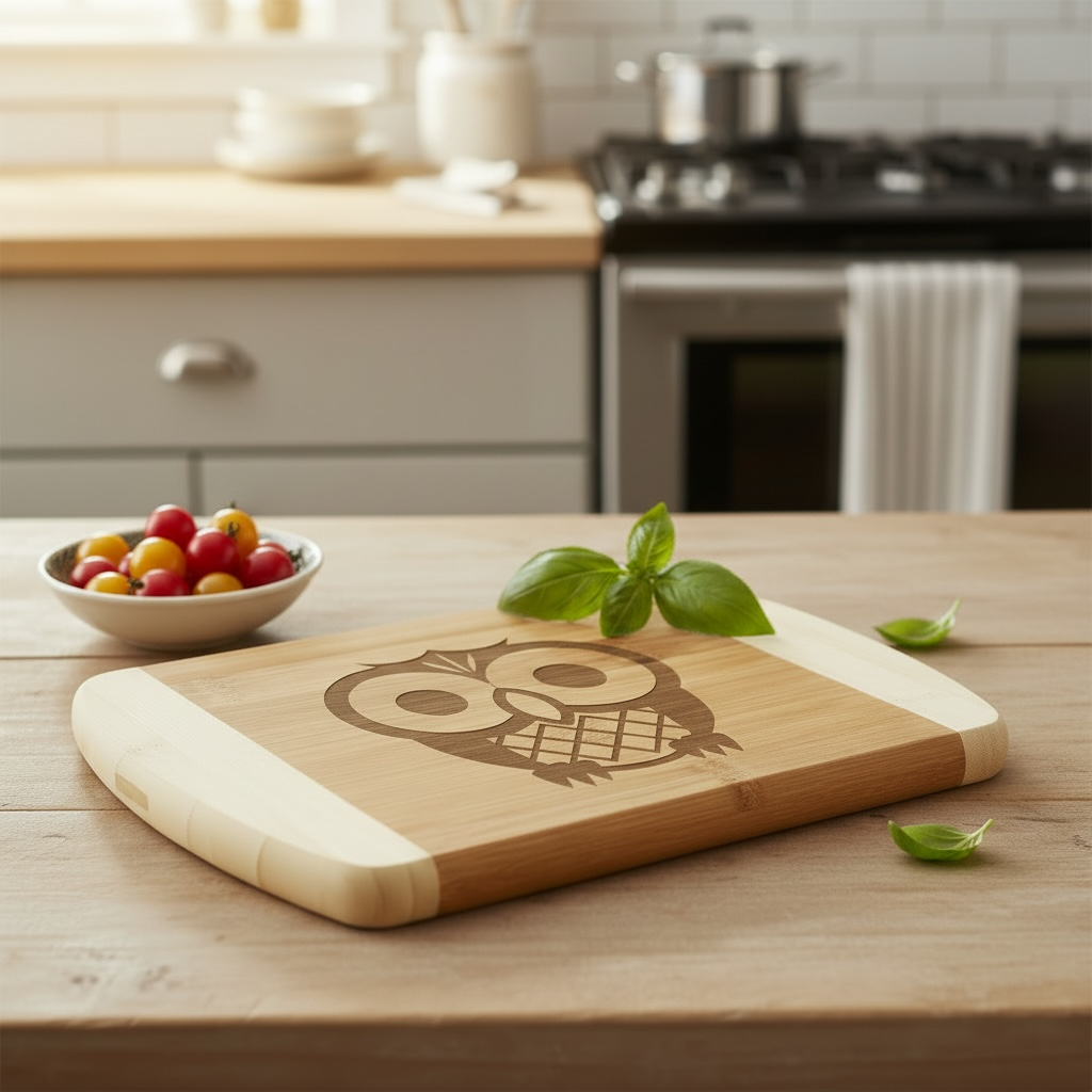 An artisanal wooden charcuterie board from The Blended Oasis, showcasing a whimsical, wide-eyed owl laser engraving. Displayed on a kitchen island next to fresh basil leaves and a small bowl of cherry tomatoes.