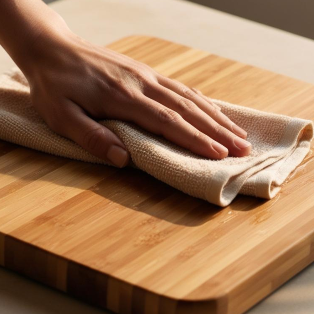 A close-up photograph of a hand using a soft, damp cloth to carefully wipe down and clean a handcrafted bamboo cutting board. This demonstrates proper daily maintenance, emphasizing that wood serving boards should always be hand-washed and never placed in the dishwasher.