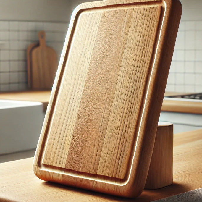 A premium wooden cutting board standing upright on its side on a kitchen countertop to air dry properly. Propping the board vertically on its edge allows equal airflow to both sides, preventing uneven moisture absorption and protecting the wood from warping or splitting.