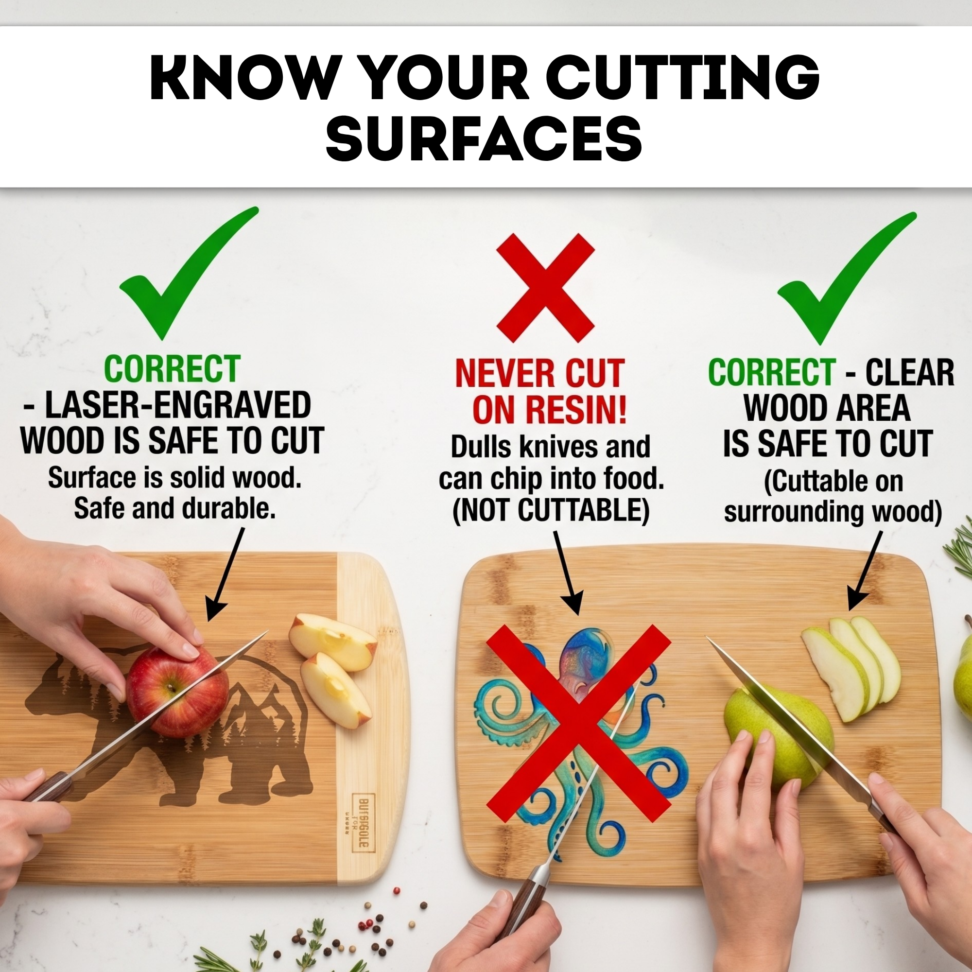 An educational infographic titled "Know Your Cutting Surfaces" illustrating safe use guidelines for handcrafted bamboo boards. It highlights that laser-engraved wood surfaces are safe and durable for knife use, whereas cutting directly on epoxy resin inlay designs is strongly prohibited because it dulls knives and can chip. It also indicates that the clear, plain wood area surrounding a resin inlay remains completely safe for food prep and slicing.