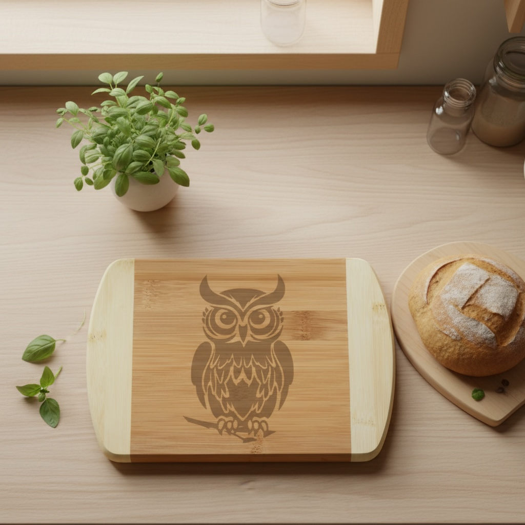 A custom bamboo cutting board by The Blended Oasis featuring a detailed laser engraving of a majestic owl perched on a branch. The board sits on a light wood countertop next to a loaf of artisan bread and a small potted plant.