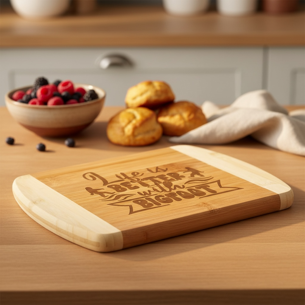 A custom cutting board by The Blended Oasis with a beautiful typographic laser engraving that reads "Life is Better with Bigfoot" surrounded by wilderness details. Displayed on a table next to a bowl of fresh berries and warm biscuits.