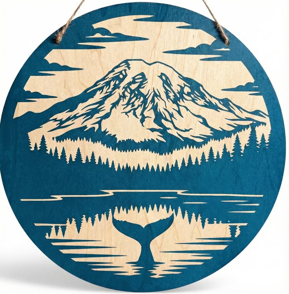 Handcrafted circular blue-stained wood wall art featuring a laser-marked design of Mount Rainier and a whale tail reflection by The Blended Oasis in Suquamish, Washington.