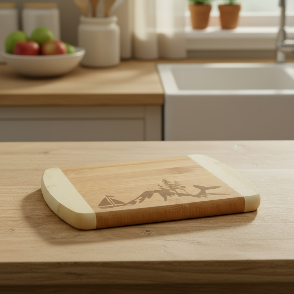 A premium bamboo charcuterie board from The Blended Oasis featuring a custom laser-engraved skyline of a sailboat, evergreen trees, a whale tail, and Mount Rainier. Displayed on a wooden countertop next to a white farmhouse sink.