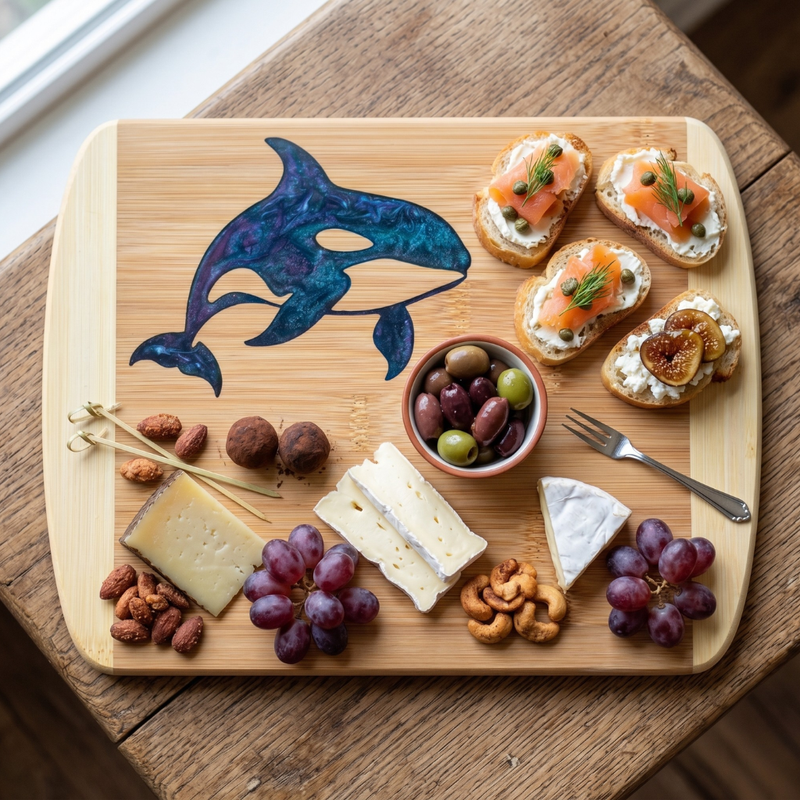 Handcrafted bamboo charcuterie presentation platter by The Blended Oasis, featuring a vibrant blue and purple marine life orca whale epoxy resin inlay, styled as a luxury food-safe serving board with fresh fruit, cheeses, and artisan crackers.
