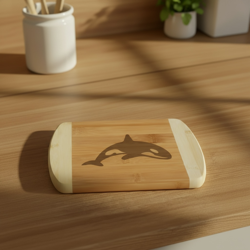 A premium laser-engraved serving board from The Blended Oasis, featuring a sleek Pacific Northwest killer whale design. The bamboo board rests on a sunlit wooden counter with sharp geometric shadows casting across the surface.