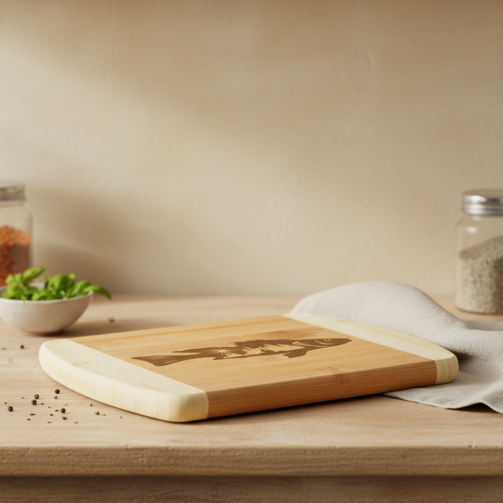 An artisanal charcuterie board from The Blended Oasis showcasing a laser-etched salmon silhouette filled with an intricate pine forest scene. Displayed flat on a light-colored kitchen counter with fresh herbs and glass spice jars nearby.