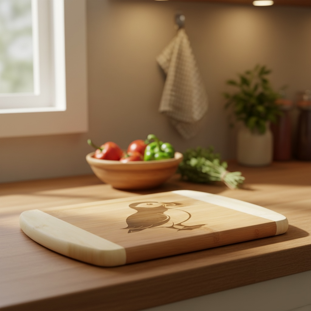 A personalized bamboo cutting board from The Blended Oasis, featuring an adorable puffin in a minimal design and space. The board sits on a warm wood kitchen counter in front of a ceramic bowl filled with fresh vegetables.
