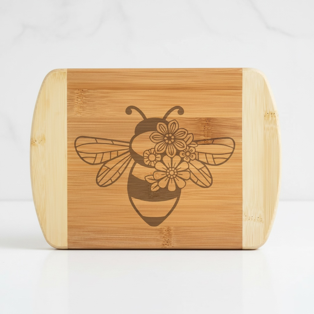 A straight-on product shot of a personalized bamboo serving board by The Blended Oasis, featuring a bold, graphic laser-engraved bee with floral wings centered between light wood accents.