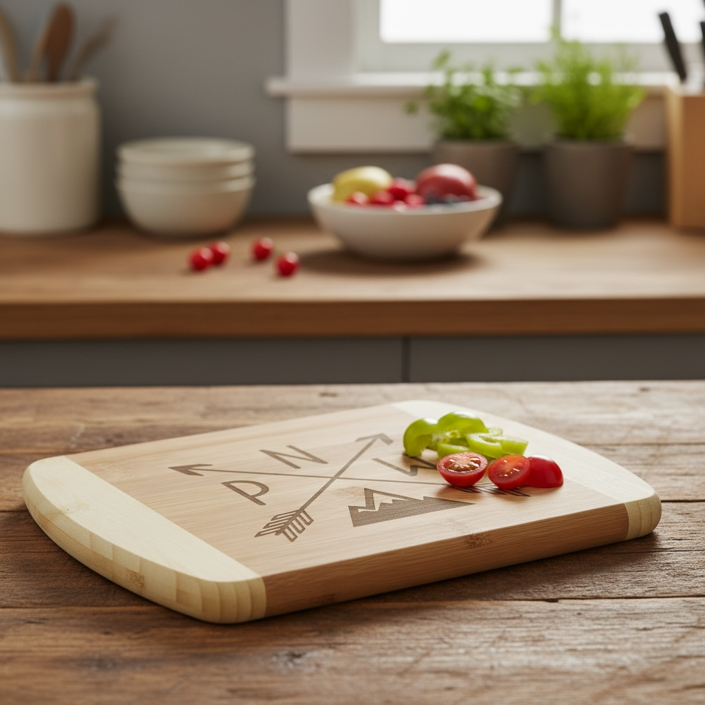 An artisanal serving board from The Blended Oasis, showcasing a laser-etched Pacific Northwest design with crossed arrows, the letters "PNW," and a mountain silhouette. Diced celery and cherry tomatoes rest on the surface.