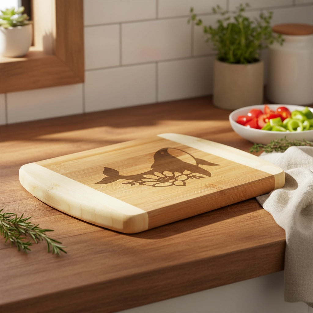 A custom bamboo cutting board with light wood end caps by The Blended Oasis, featuring a laser-engraved bee and delicate flower outline. Displayed on a kitchen counter next to a chef's knife, fresh basil, and a sliced lemon.