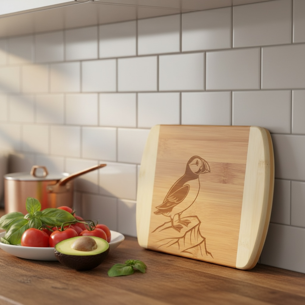 A Pacific Northwest-themed bamboo charcuterie board by The Blended Oasis, featuring an engraved puffin standing on a rocky outcrop. The board leans against a white subway tile wall next to fresh tomatoes and a halved avocado.