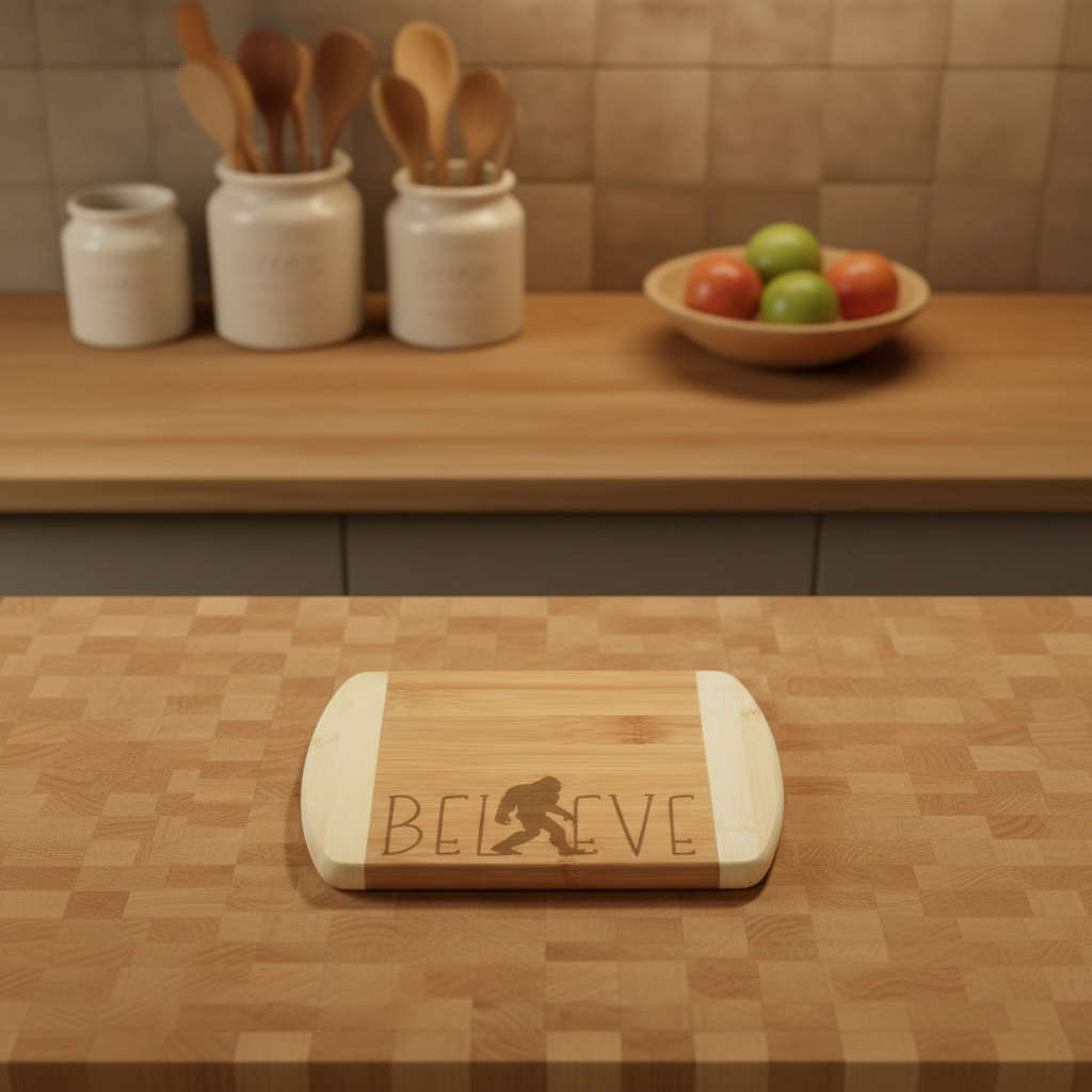 A straight-on product shot of a small bamboo serving board from The Blended Oasis, laser-etched with the word "BELIEVE," featuring a Bigfoot silhouette as the letter "I." The board sits centered on a classic butcher block countertop.