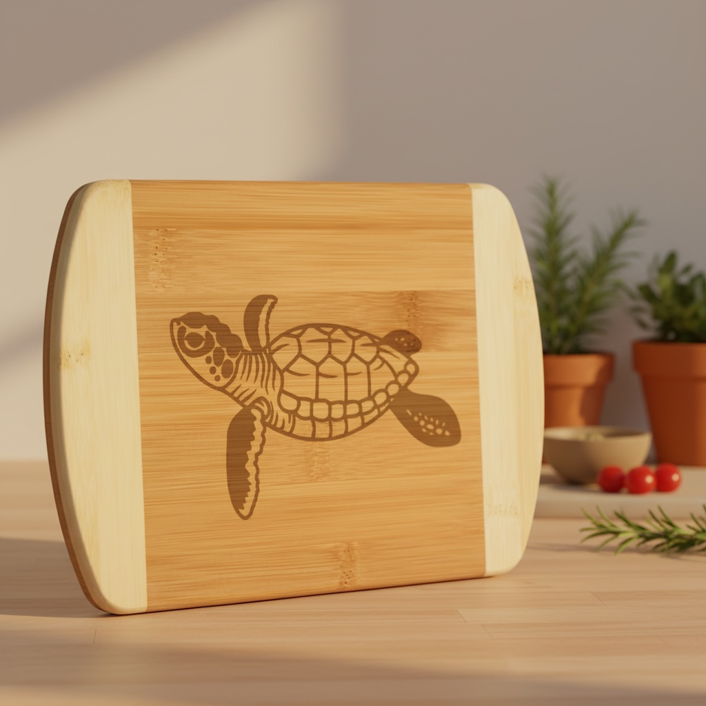 A beautiful product photo of a bamboo serving board from The Blended Oasis, featuring a detailed laser-etched sea turtle design. The board stands upright on a sunlit table with small potted rosemary plants in the soft background.