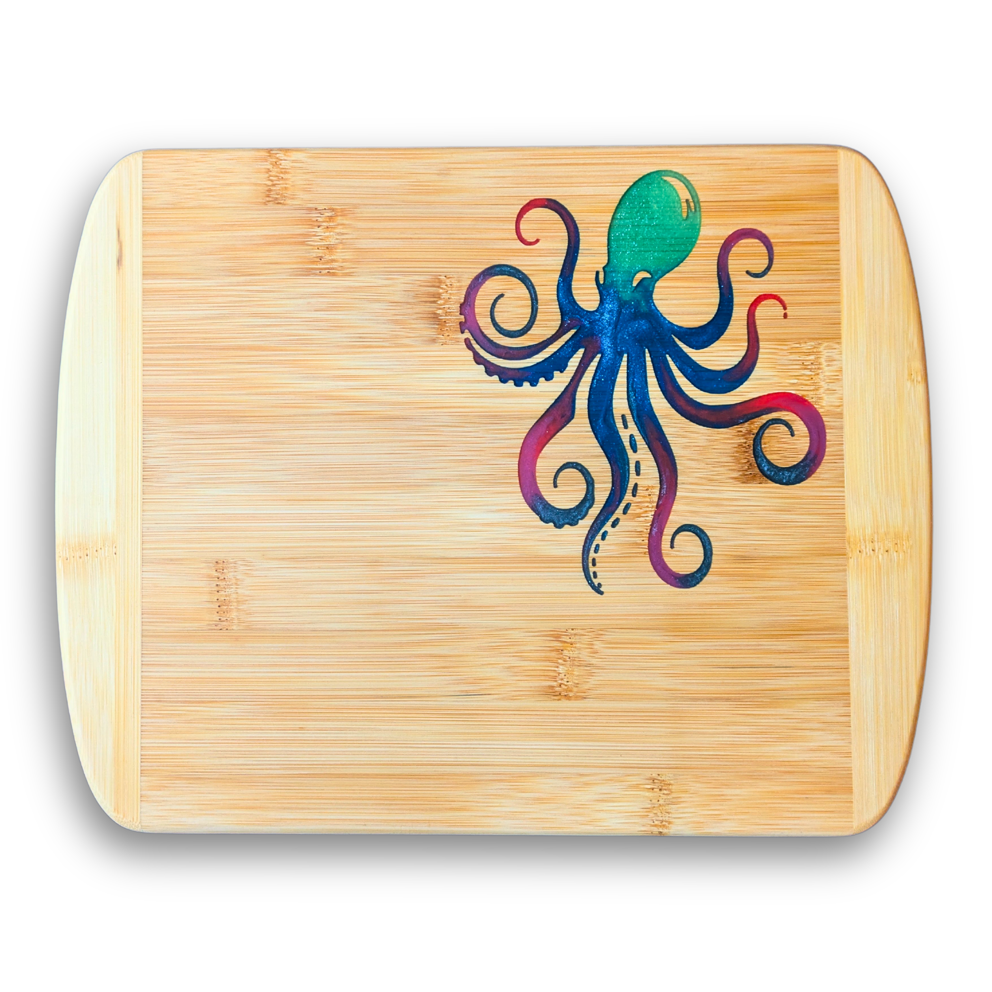 Full octopus resin bamboo board by The Blended Oasis in Suquamish, WA. Green, blue & purple ocean decor handmade in Kitsap County near Poulsbo & Puget Sound. Ideal PNW kitchen gift shipped to coastal homes across Washington, Oregon, and California.