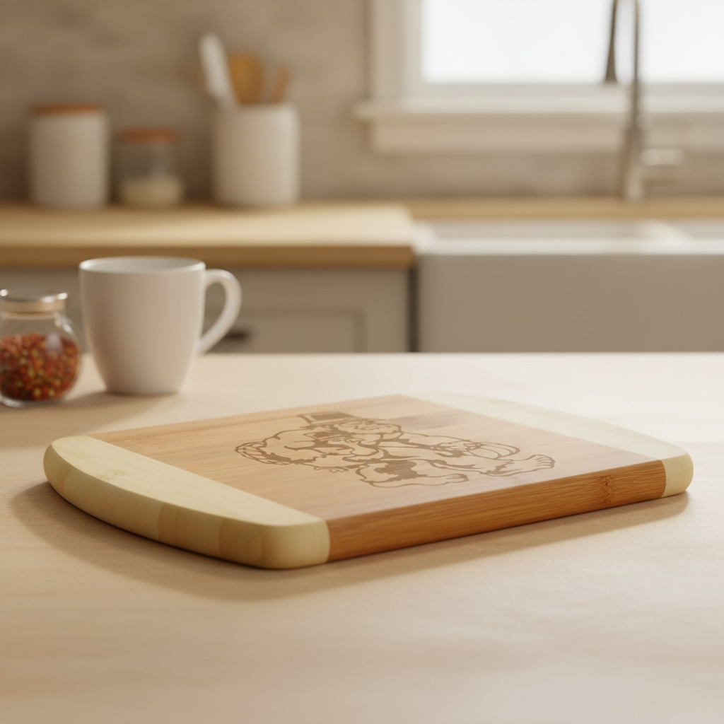 A festive holiday bamboo cutting board by The Blended Oasis, featuring a humorous laser engraving of Bigfoot wearing a festive hat, carrying a turkey wearing a matching hat in one arm and a pumpkin in the other hand. The board rests on a light wood countertop with a white coffee mug and kitchen sink blurred in the background.