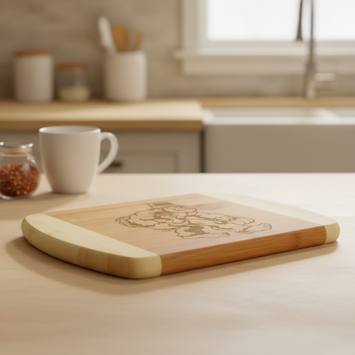 A festive holiday bamboo cutting board by The Blended Oasis, featuring a humorous laser engraving of Bigfoot wearing a festive hat, carrying a turkey wearing a matching hat in one arm and a pumpkin in the other hand. The board rests on a light wood countertop with a white coffee mug and kitchen sink blurred in the background.