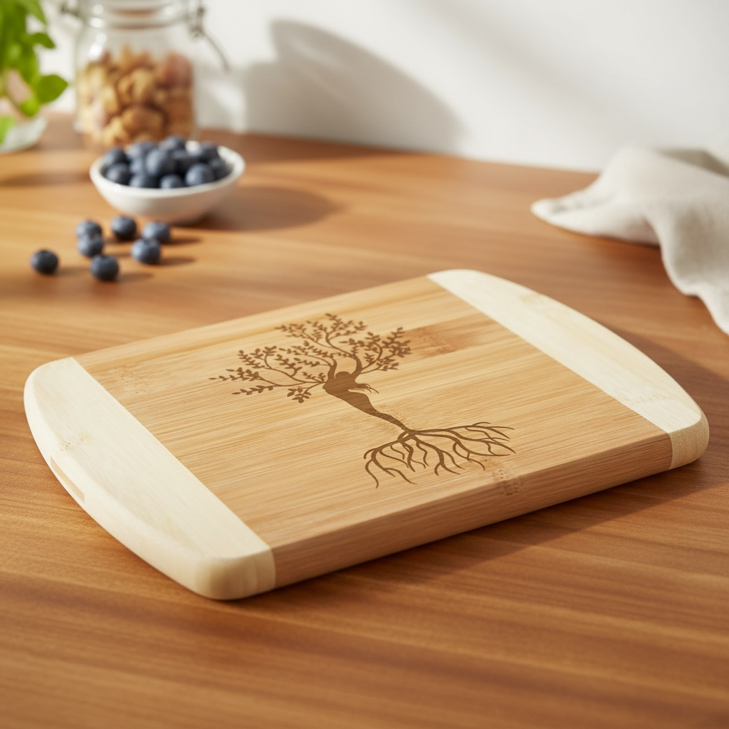A beautiful bamboo serving board by The Blended Oasis featuring a detailed laser engraving of a mystical Tree of Life where the trunk forms a woman's silhouette with deep roots. Sits on a warm wooden countertop next to a bowl of fresh blueberries.
