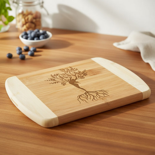 A beautiful bamboo serving board by The Blended Oasis featuring a detailed laser engraving of a mystical Tree of Life where the trunk forms a woman's silhouette with deep roots. Sits on a warm wooden countertop next to a bowl of fresh blueberries.