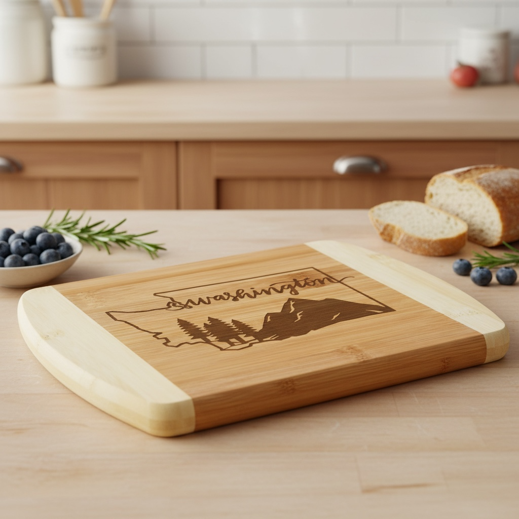 A custom bamboo cutting board by The Blended Oasis featuring a laser engraving of the Washington State outline filled with a mountain and evergreen trees, with the word "Washington" written across the top. Sits on a counter next to fresh blueberries and sliced bread.