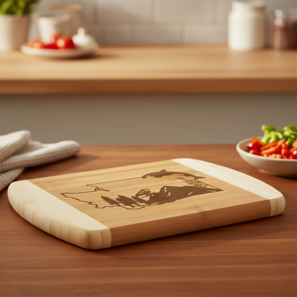 A handcrafted cutting board from The Blended Oasis featuring an intricate Washington State outline engraved with an orca whale, a lupine flower, a finch state bird, evergreen trees, and a mountain. Shown on a dark wood counter, perfect as a local real estate closing gift.